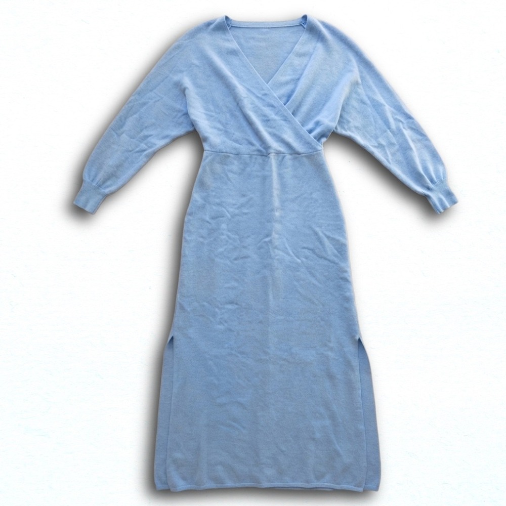 Light Blue Knit Wrap Maxi Dress Open Back Long Sleeve Side Slit Sweater Dress